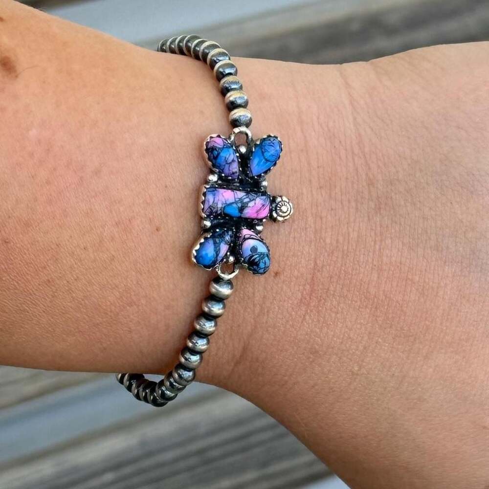 Southwestern Kingman Monarch Dahlia Butterfly Sterling Silver Pearl Bracelet - Picture 3 of 3